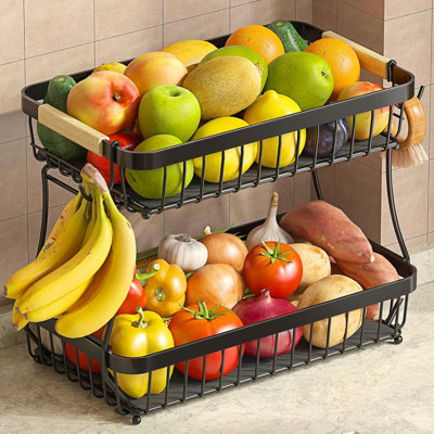 Panier à fruits à 2 niveaux pour comptoir de cuisine avec 2 cintres à banane mobiles, bol à fruits amovible en métal 2025 Pro avec poignée en bois, support à fruits pour grignotines à pain avec tapis de protection