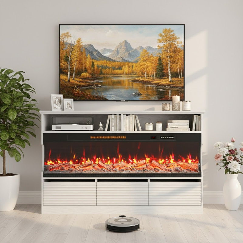 Meuble télé 50 po avec 3 tiroirs, console multimédia moderne, Blanc