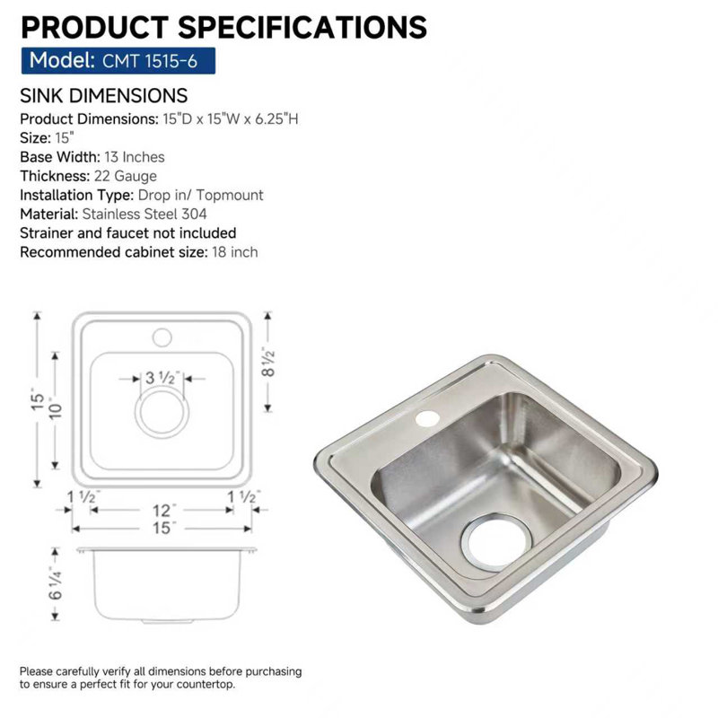 Craftsmen Series 15'' L Single Bowl Stainless Steel Kitchen Sink