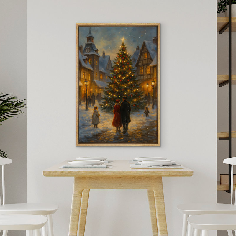 Arbre de Noël romantique, place de ville en hiver, scène de soirée encadrée sur toile, art mural, Naturel