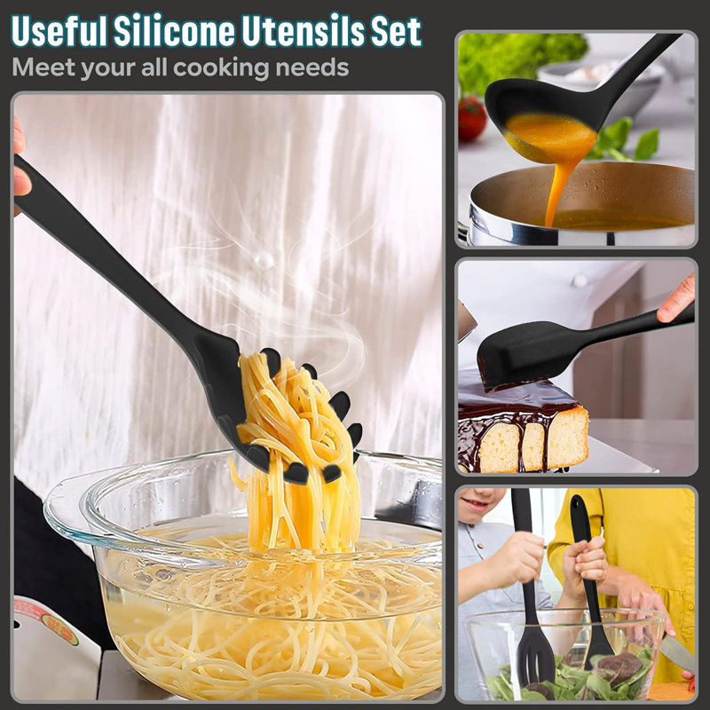 Black Silicone Heat Resistant Cooking Utensils Set, 7-Piece