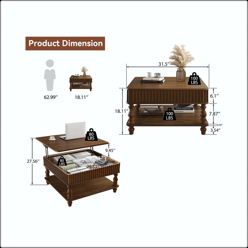 Table basse carrée à plateau relevable avec conception cannelée et mécanisme hydraulique, Walnut Brown