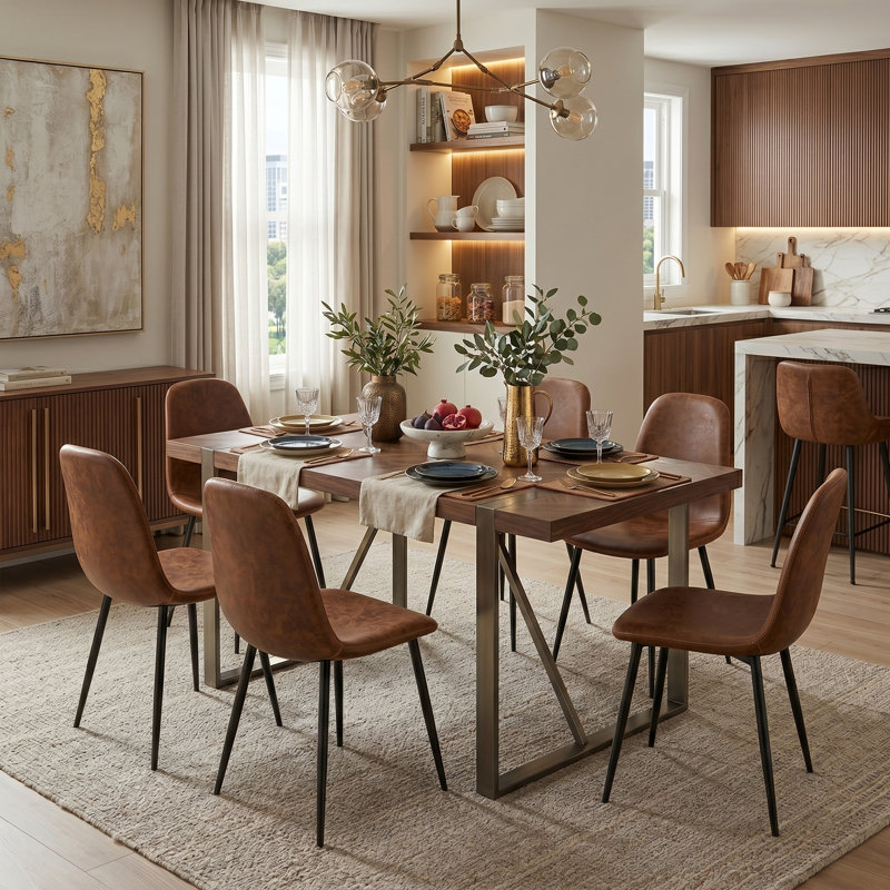 Ergonomic Upholstered Dining Chair with Metal Legs, Set of 6, Brown Foam Padding