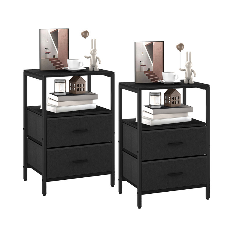 Bedside Table Set of 2 with 2 Fabric Storage Drawers, Side End Table, Bedside Cabinet with Open Storage Shelf, Nightstand for Bedroom, Livingroom, Office