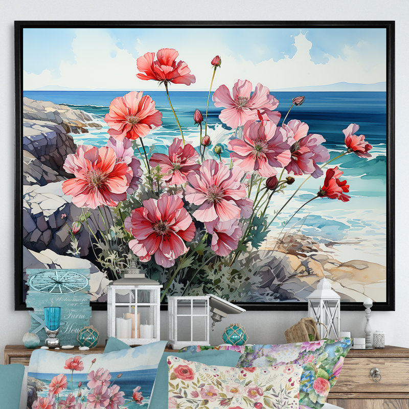 Fleur de géraniums côtière I, Cadre flottant noir, H 16 po x l 32 po x P 1 po