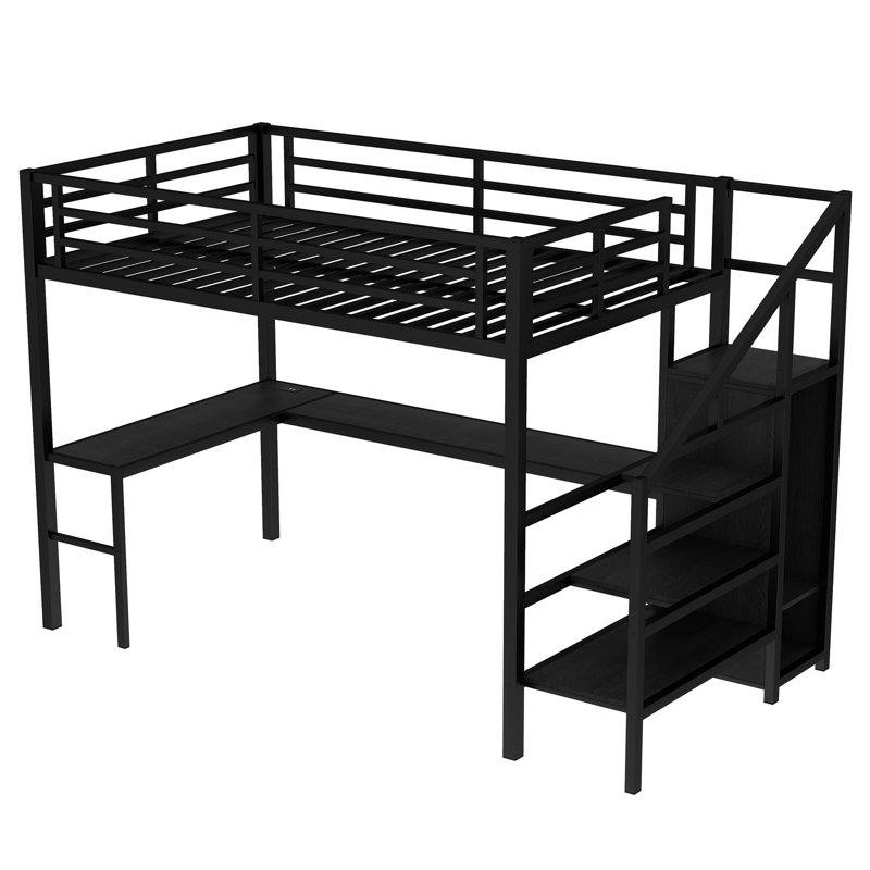 Lit mezzanine en métal avec bureau en L, charge USB, lumière DEL, armoire et tablette réglable, cadre de lit mezzanine haut pour enfants, adolescents, adultes, lit d'étude peu encombrant, noir