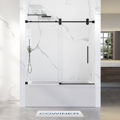 Porte de baignoire coulissante simple sans cadre de 56 à 60 po x H 66 po en noir mat avec verre trempé transparent de 16 8 mm 5/ de 5/16 po