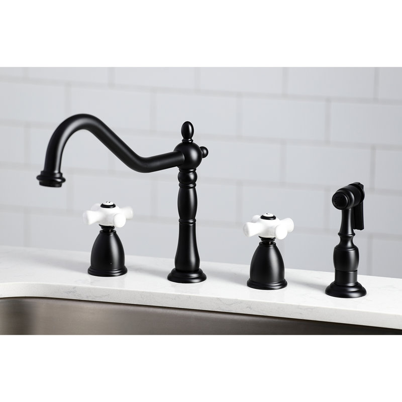 Kingston Brass Heritage Double-Handle Widespread Kitchen Faucet, With Side Spray, Matte Black