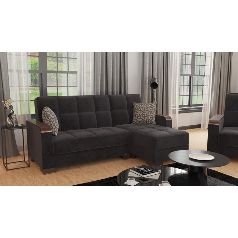 Legacy X Reversible L-Shaped Sleeper Sofa & Chaise Sectional w/ Storage Seats for Living Room, Black Microfiber
