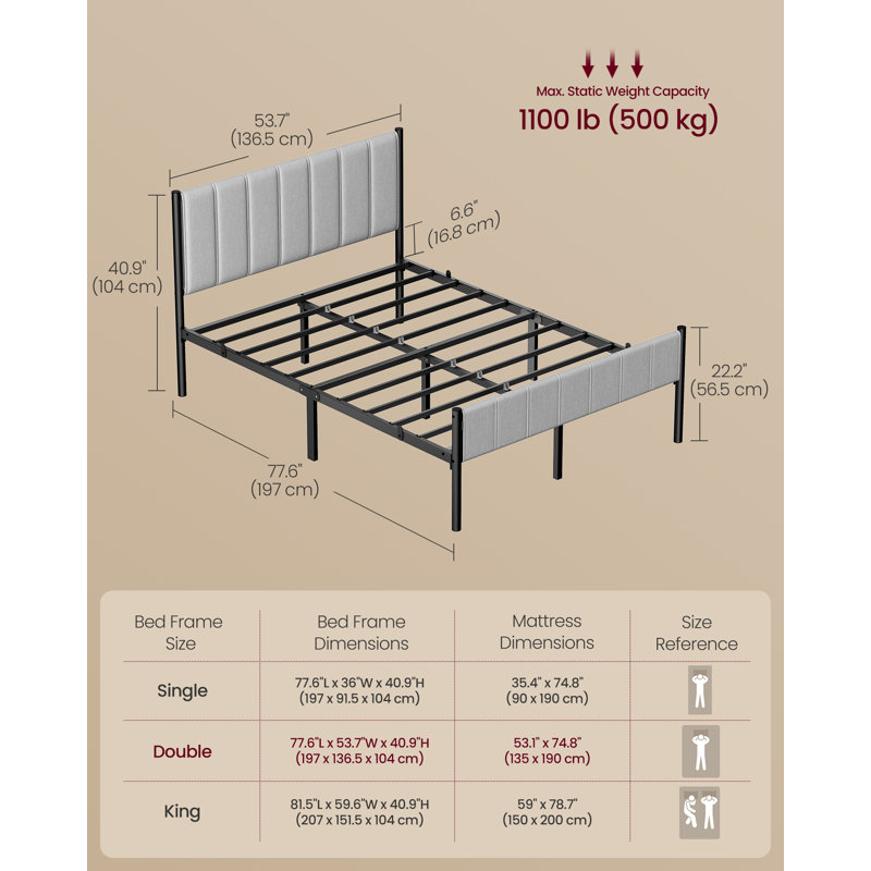 Double Bed Frame with Upholstered Headboard, Grey