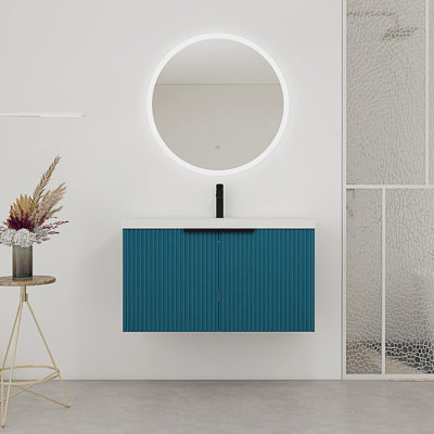 Meuble-lavabo mural avec lavabo en résine et 2 portes à fermeture en douceur