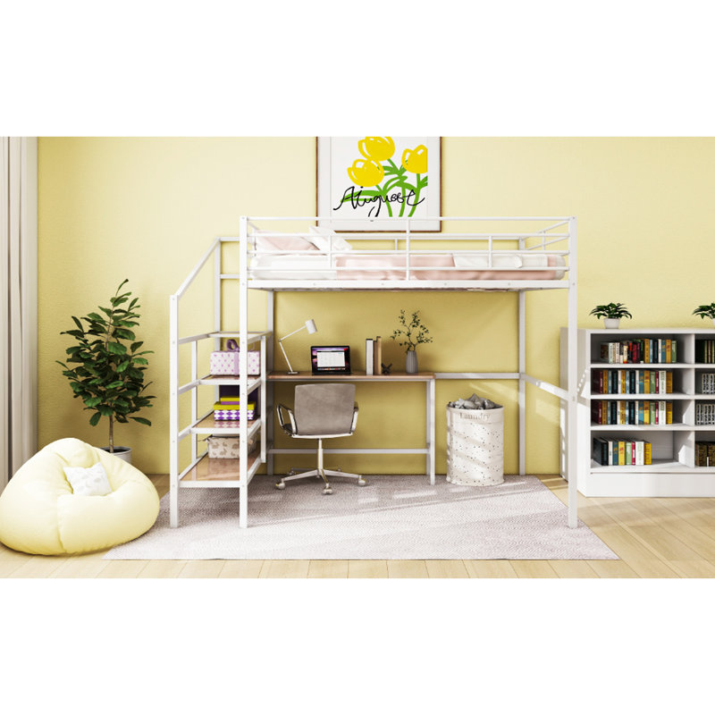 Lit mezzanine double en métal blanc avec bureau et tablette latérale
