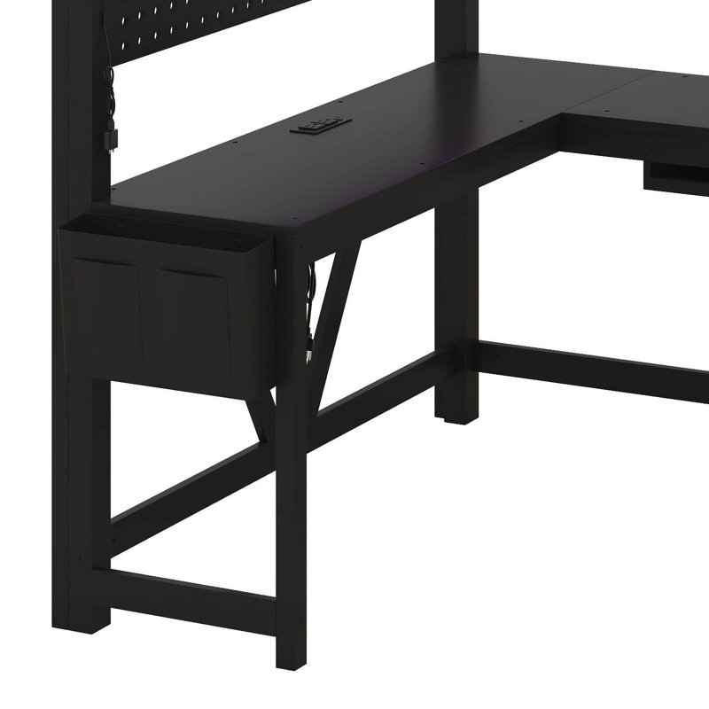 Lit mezzanine moderne en bois pleine grandeur avec bureau intégré, station de charge, lumière DEL, tablette de rangement, organisateur en tissu et rails de sécurité