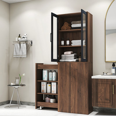 High Display Storage Cabinet With 4 Tier Pull-Out Shelves & 2 Glass Doors