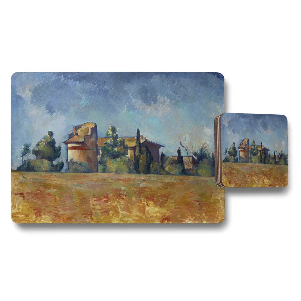 Landscape Art Placemats And Coaster Set With Rural House Scene