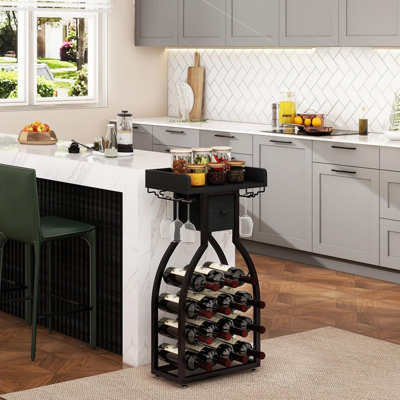 Floor Standing Wine Rack, 15 Bottle Storage With Glass Holders, Black