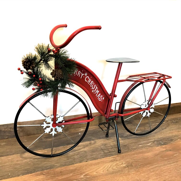Small Iron Merry Christmas Bicycle Decor with Light-Up Wreath