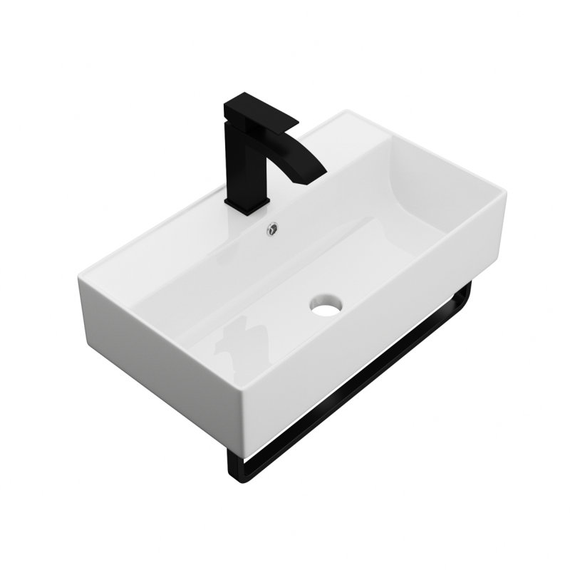 21"X12" Wall-Mounted Rectangular Ceramic Bathroom Sink With Black Towel Bar & Overflow, Black Faucet, Black