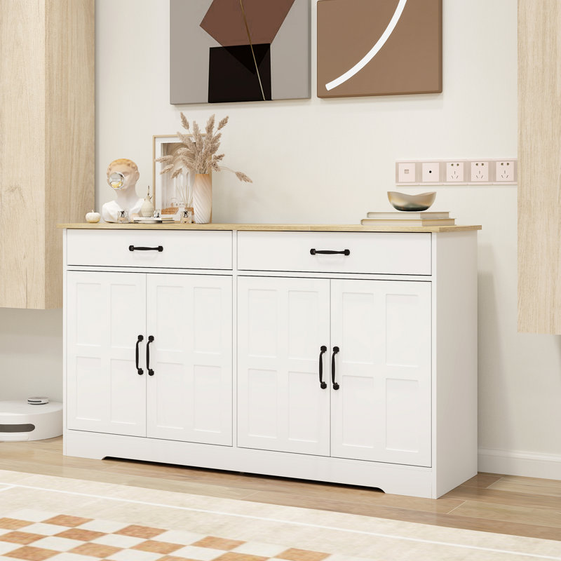 Finnan Farmhouse Buffet Cabinet Storage Sideboard With 2 Drawers And 4 Doors For Dining Living Room Kitchen Cupboard