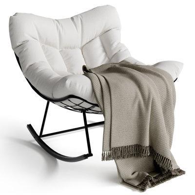 Outdoor Papasan Rocking Chair, Oversized Lounge Chair with Sturdy Metal Frame, Patio Rattan Rocker for Balcony Backyard Porch Bedroom