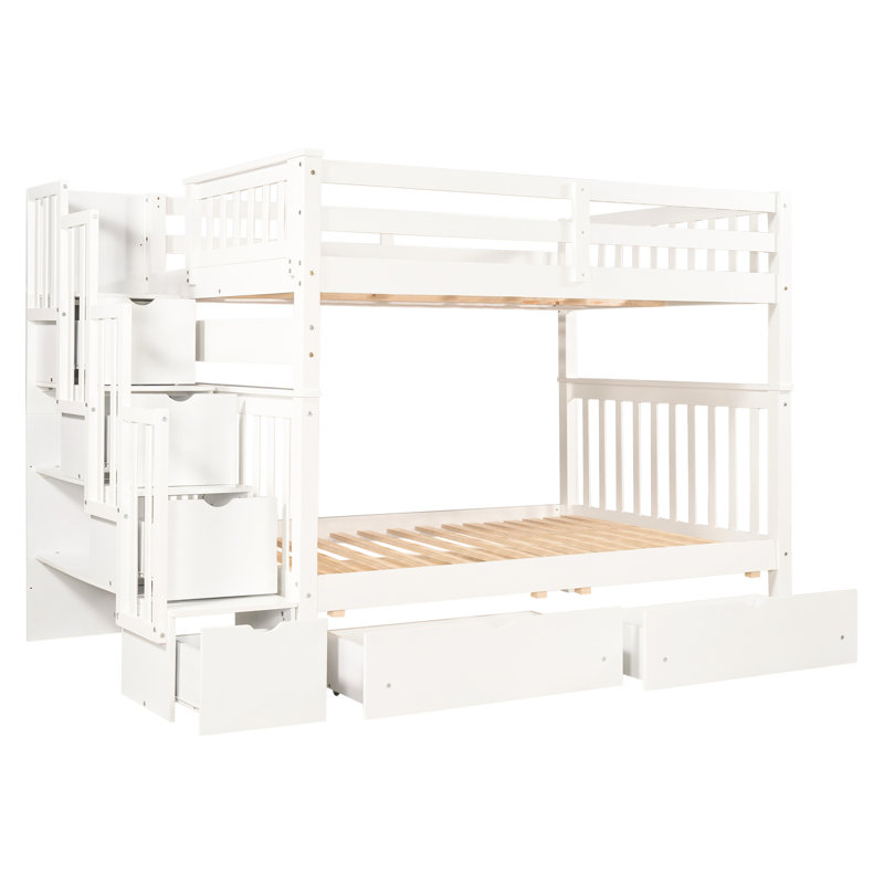 Lit double superposé au-dessus d'un lit blanc, 6 tiroirs et tablettes pour le rangement des livres, escalier avec lit d'organisation divisible, finition blanche, utilisation efficace, sortie supérieure solide et sécuritaire