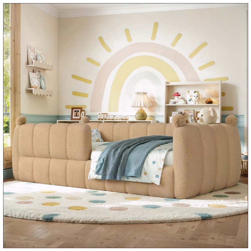Lit de sol tapissier pour enfants, lit de plancher Montessori avec rails de sécurité, cadre de lit pour enfant, Natural