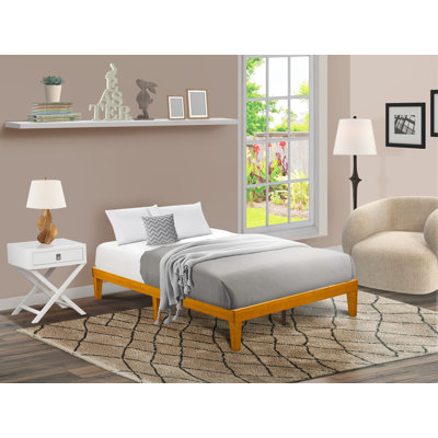 Full Size Platform Bed Frame with 4 Solid Wood Legs and 2 Extra Center Legs - Oak Finish
