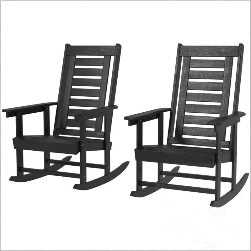 2 chaises berçantes d'extérieur à haut dossier 2 pièces, Noir