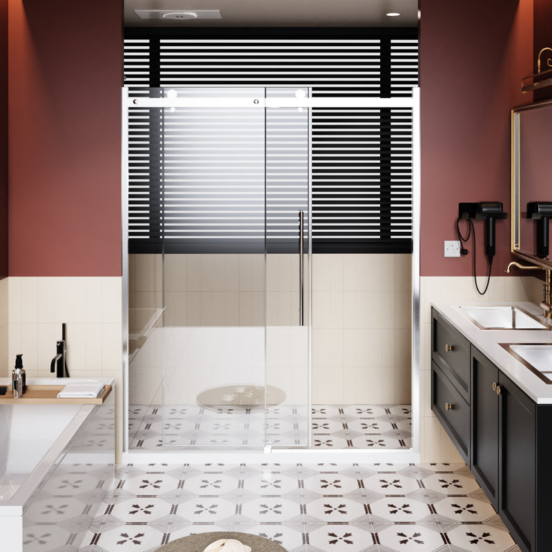 Porte de douche 60 po avec porte coulissante simple H 72 po avec rail en alliage d'aluminium, roulettes en zinc, verre trempé transparent de 1/4 po d'épaisseur, vitrail, roulettes, lisse