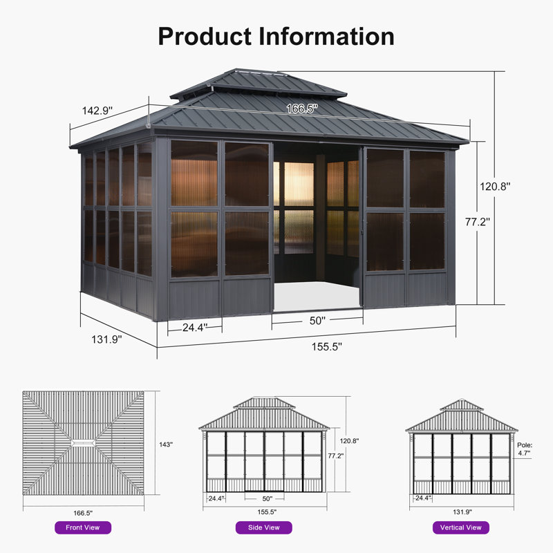 PURPLE LEAF 12' W x 14' D Sunroom Hardtop Gazebo Solarium