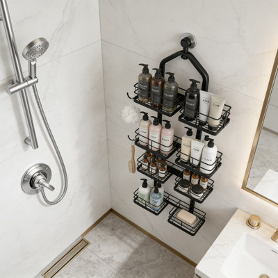 Organisateur de panier de douche réglable et réglable pour les pommes de douche à main, conception de panier divisé à 4 niveaux avec réglage indépendant de la hauteur, système anti-balançoire à double verrouillage, fabrication en acier inoxydable, installation sans outil à grande capacité