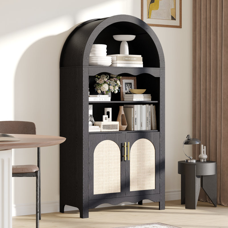 Armoire pour garde-manger arquée 63 "avec tablettes réglables en rotin et portes 63", Noir mat