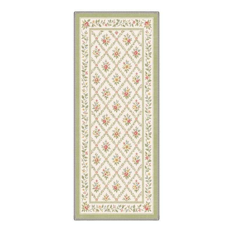 Tapis de couloir géométrique ivoire / vert lavable à la machine avec envers antidérapant, Tapis de couloir 2 pi 5 po x 8 pi