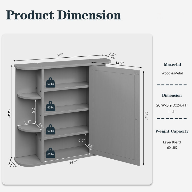 Bathroom Medicine Cabinet With Mirror, Gray