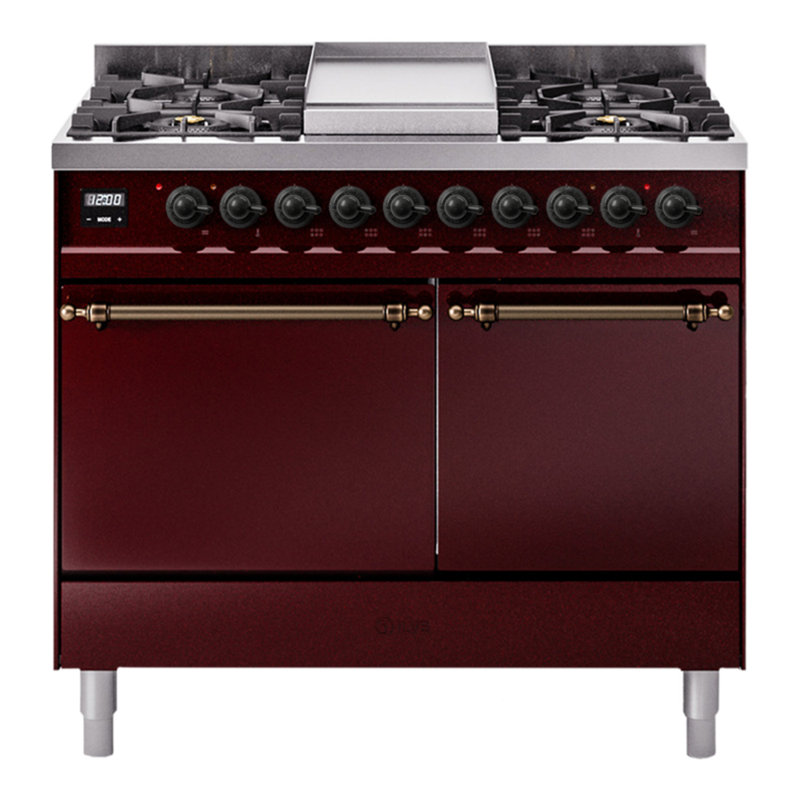 ILVE Nostalgie II Series 40 inch Dual Fuel Range with 6 Sealed Burners, Griddle (Solid Door), Natural Gas, Burgundy/Bronze