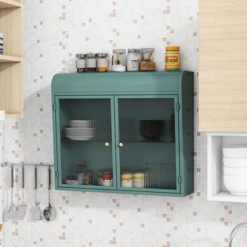 Wall-Mounted 2-Door Bathroom Storage Cabinet with Tempered Glass Doors & Shelves, Army Green