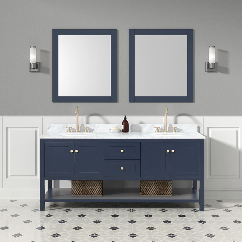 71.25;71.25'' Double Bathroom Vanity with Marble Top, Navy