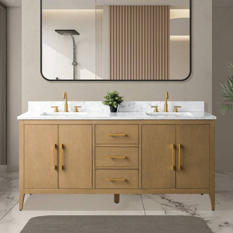 Meuble-lavabo double 72 po avec plateau en marbre, Or brossé, Chêne naturel