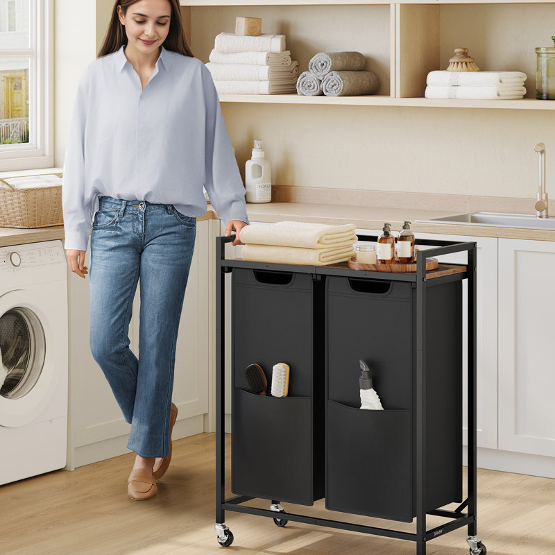Trieur de linge, 29 gallons (110 L) Panier à linge avec 2 compartiments, chariot à roulettes, tablettes, sacs amovibles, poches