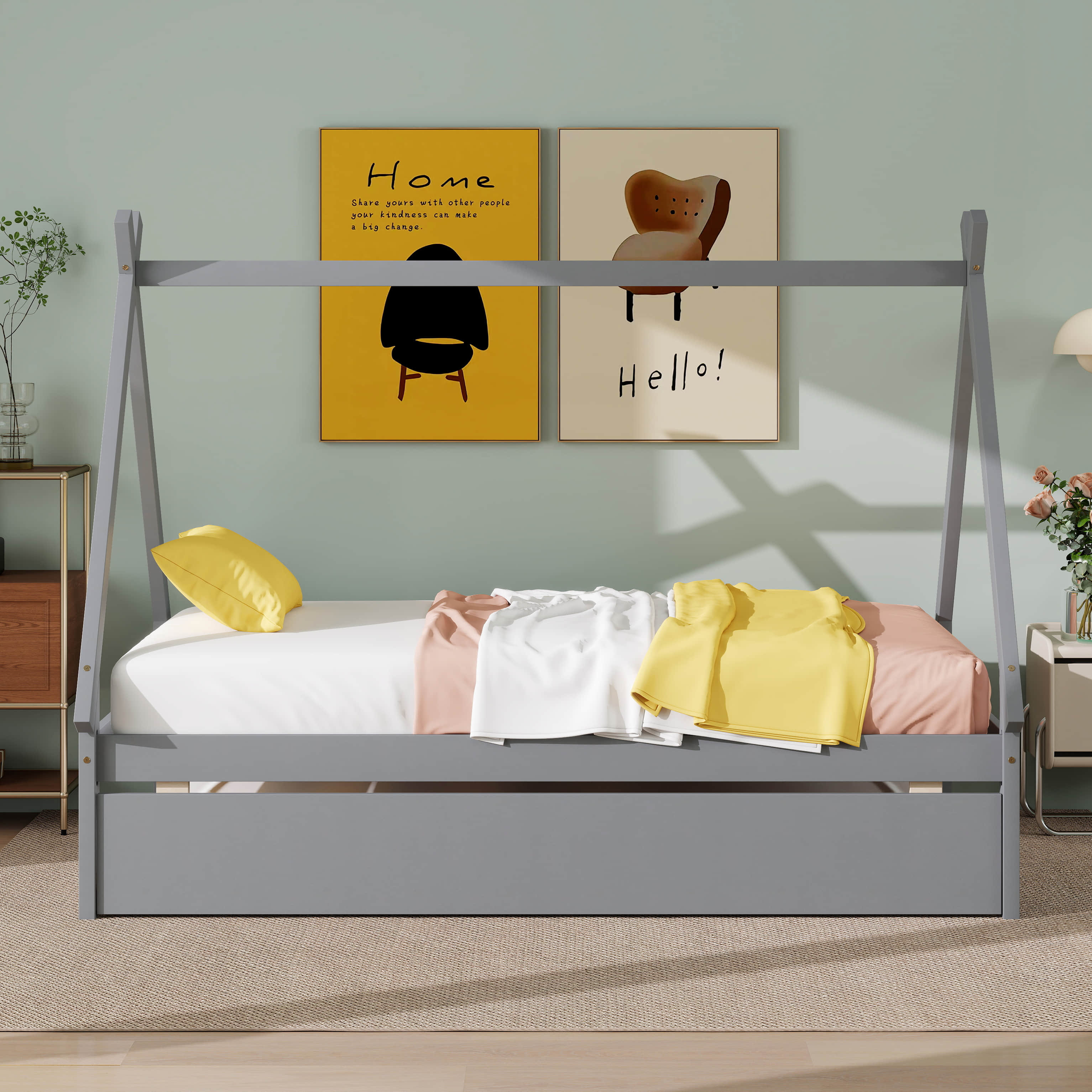 Gracie Oaks Twin Size Tent Floor Bed, House Twin Bed Frame With Pull ...