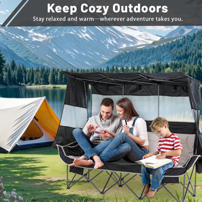 3-Person Heated Camping Chair with Canopy, Oversized Folding Outdoor Loveseat with Cup Holders, Cooler Bag & Sun Shade by Arlmont & Co.