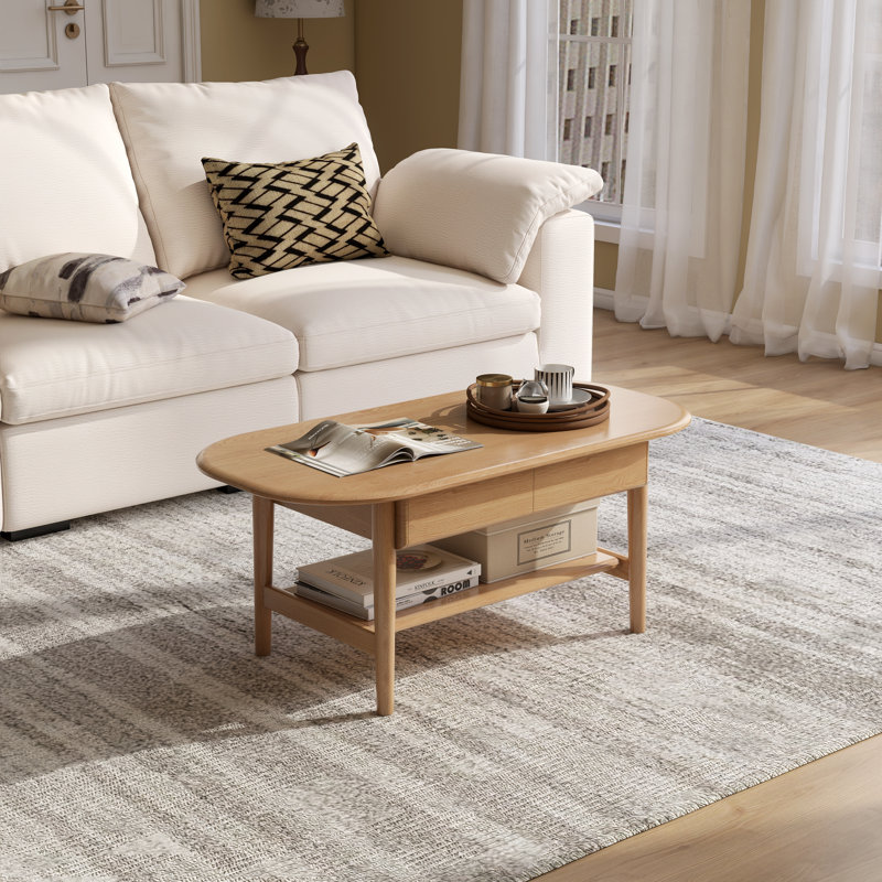 Table basse de 39 po de style Mid-Century moderne en chêne massif avec tiroir et tablette de rangement, Chêne naturel