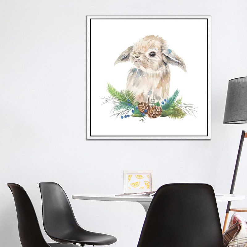 Floppy Eared Bunny On Greenery - Painting on Canvas, White Framed, 93.98 cm H x 93.98 cm W