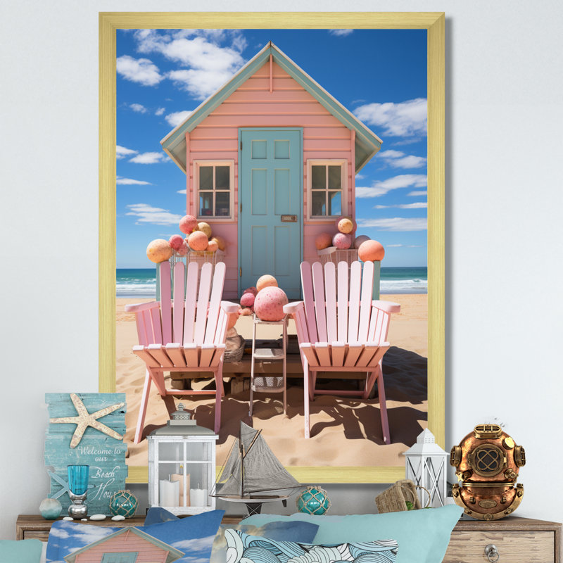 «Pink Miami Chairs I», reproductions d'art mural nautique et de plage, Encadrement doré, H 32 po x l 16 po x P 1 po