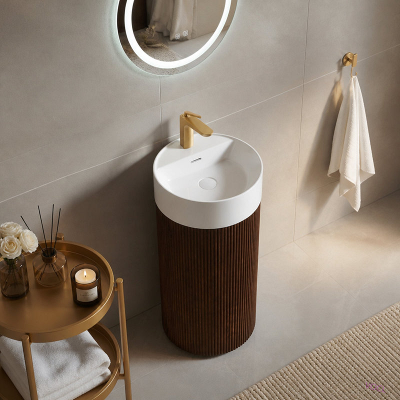 Armoire cylindrique autoportante de 16 po, cuve à surface solide ronde avec trou pour robinet, sans couvercle d'évier, sans robinet et ensemble de bonde