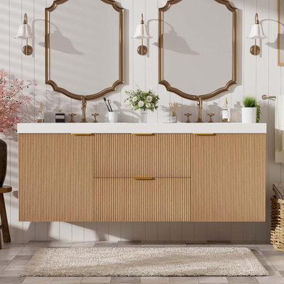 Ensemble de meuble-lavabo double 59,3 po, solution de rangement mural, façade cannelée, salle de bain principale ou contemporaine, moderne et contemporaine