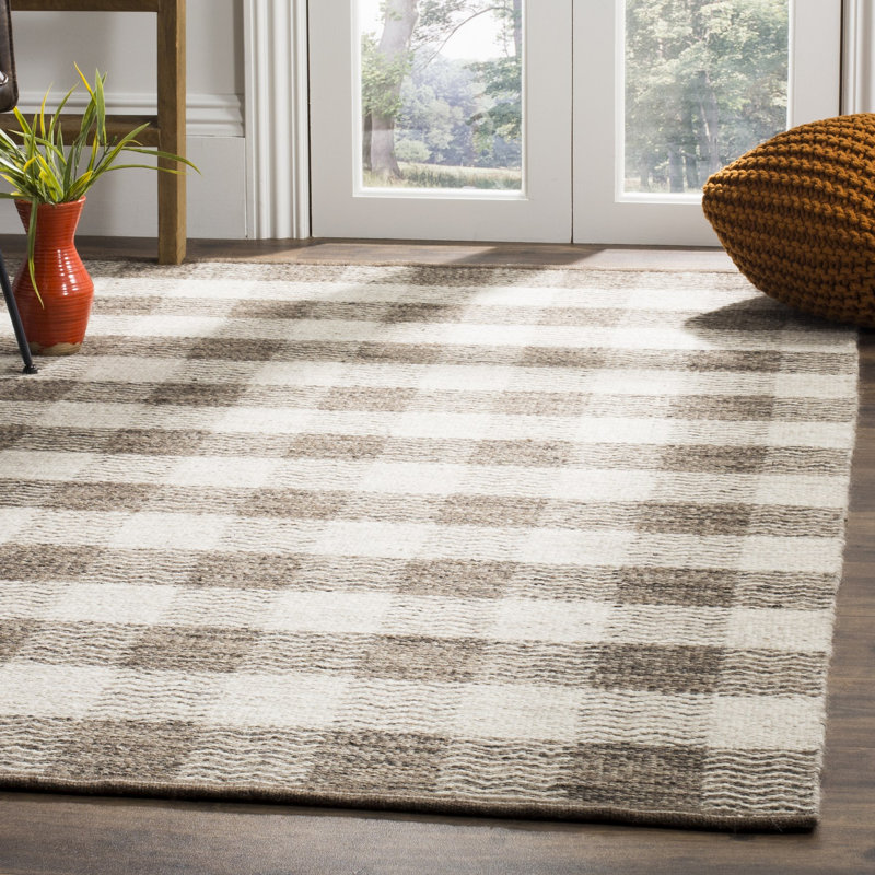 Vacaville Hand Woven Wool/Cotton Plaid Rug in Light Grey/Brown, Square 4'