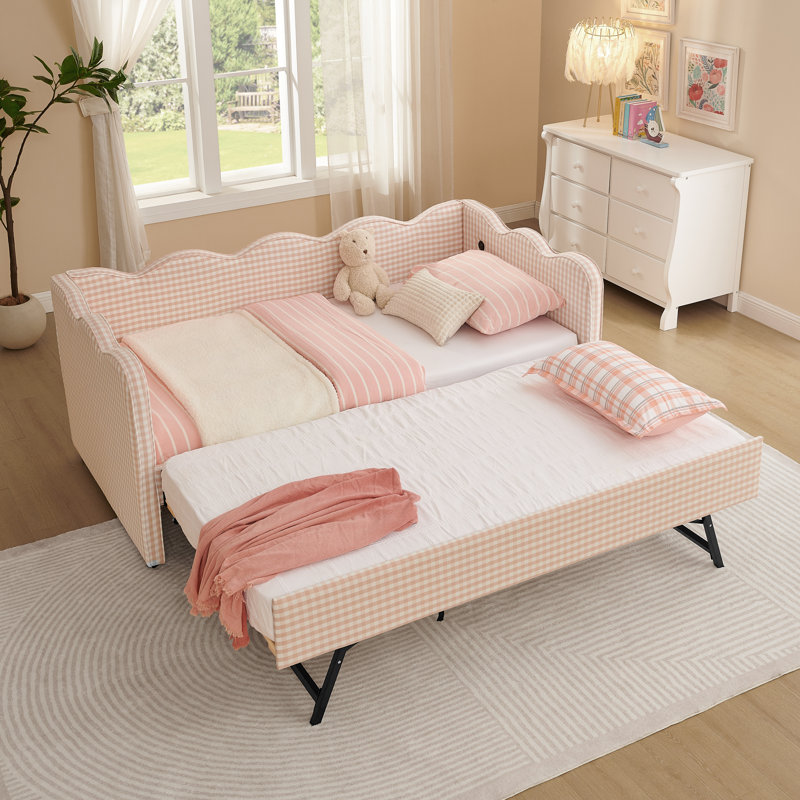 Lit de jour confortable en vichy avec couchette, Rose