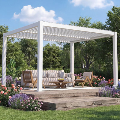 Pergola extérieure Erommy 10 'x 10' avec toit à persiennes réglable et drainage intégré, pergola à persiennes en métal robuste pour patio, blanc