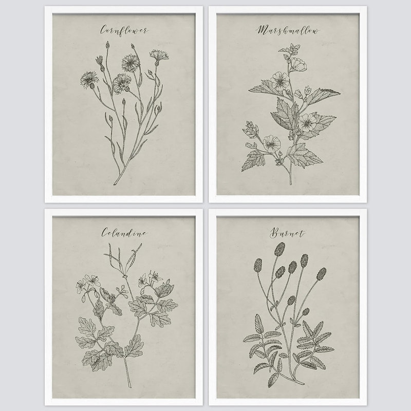 " Vintage Wildflower " 4 - Pieces, White Framed, 16" H x 12" W x 1" D